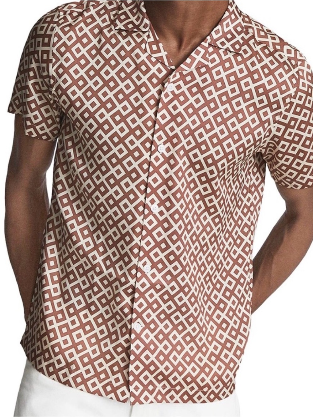 REISS Men's Short-Sleeve Geometric Print Shirt - Brown & White